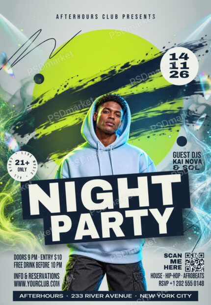 Night Party club flyer with oversized slanted headline, lime and cyan rim-lit DJ, smoke and light effects