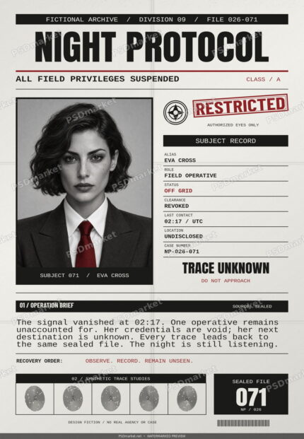 Watermarked Night Protocol fictional dossier flyer with monochrome portrait and red restricted stamp