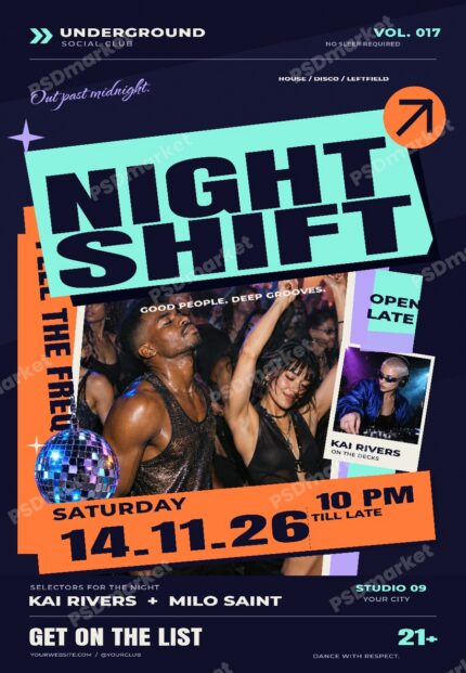 Night Shift Club editable flyer PSD template with protected storefront preview
