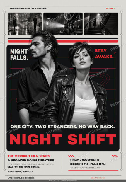 Watermarked Night Shift cinema flyer with bold red title, monochrome portraits and three film stills