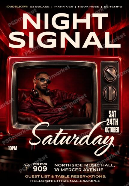 Night Signal red retro television DJ party flyer with PSDmarket preview watermark