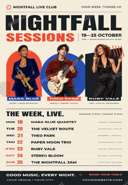 Nightfall Sessions Weekly Live Music Programme Flyer PSD Template with PSDmarket preview watermark