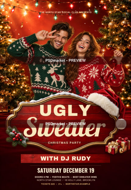 North Star Ugly Sweater Party Flyer PSD Template — PSD template preview
