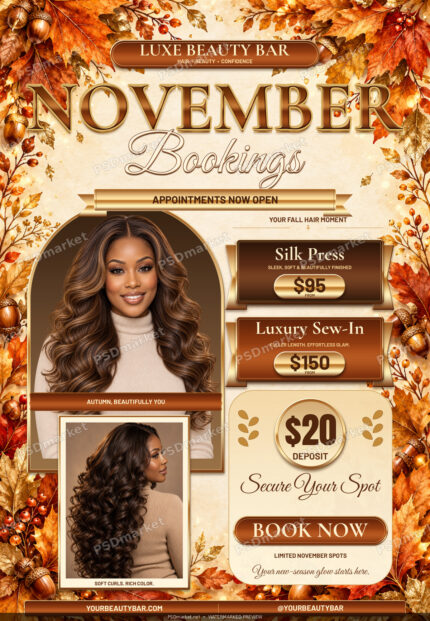 November autumn beauty salon flyer with gold lettering, two model portraits, bronze service cards and a booking deposit seal; watermarked PSDmarket preview.
