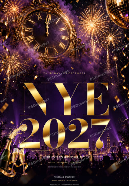 NYE 2027 Midnight Gala purple and gold clock, fireworks and champagne flyer; protected preview