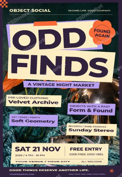 Odd Finds Vintage Night Market Flyer PSD Template with PSDmarket preview watermark