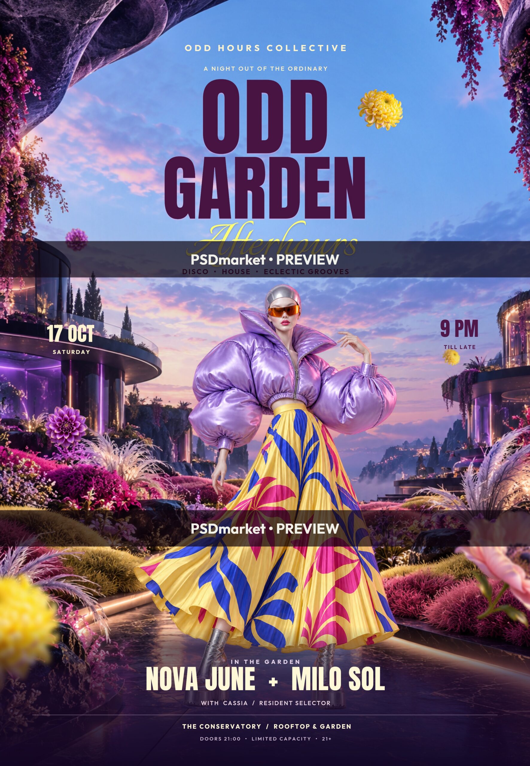Odd Garden Surreal Afterhours Party Flyer PSD Template — PSD template preview