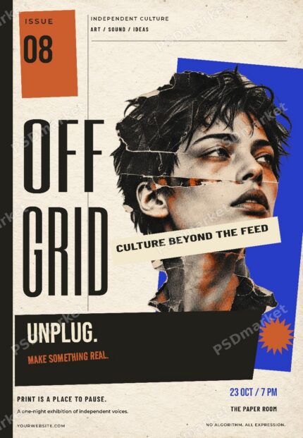 Off Grid independent culture exhibition flyer with torn-paper portrait and PSDmarket watermark