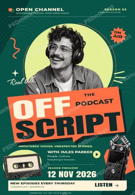 Off Script Podcast Launch Flyer PSD Template — PSD template preview