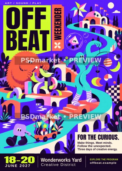 Offbeat Weekender Creative Festival Flyer PSD & SVG Template with two PSDmarket preview watermarks