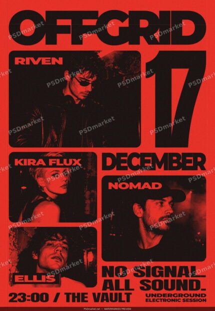 OFFGRID red and black underground electronic event flyer with four portrait panels, oversized typography and PSDmarket watermarks