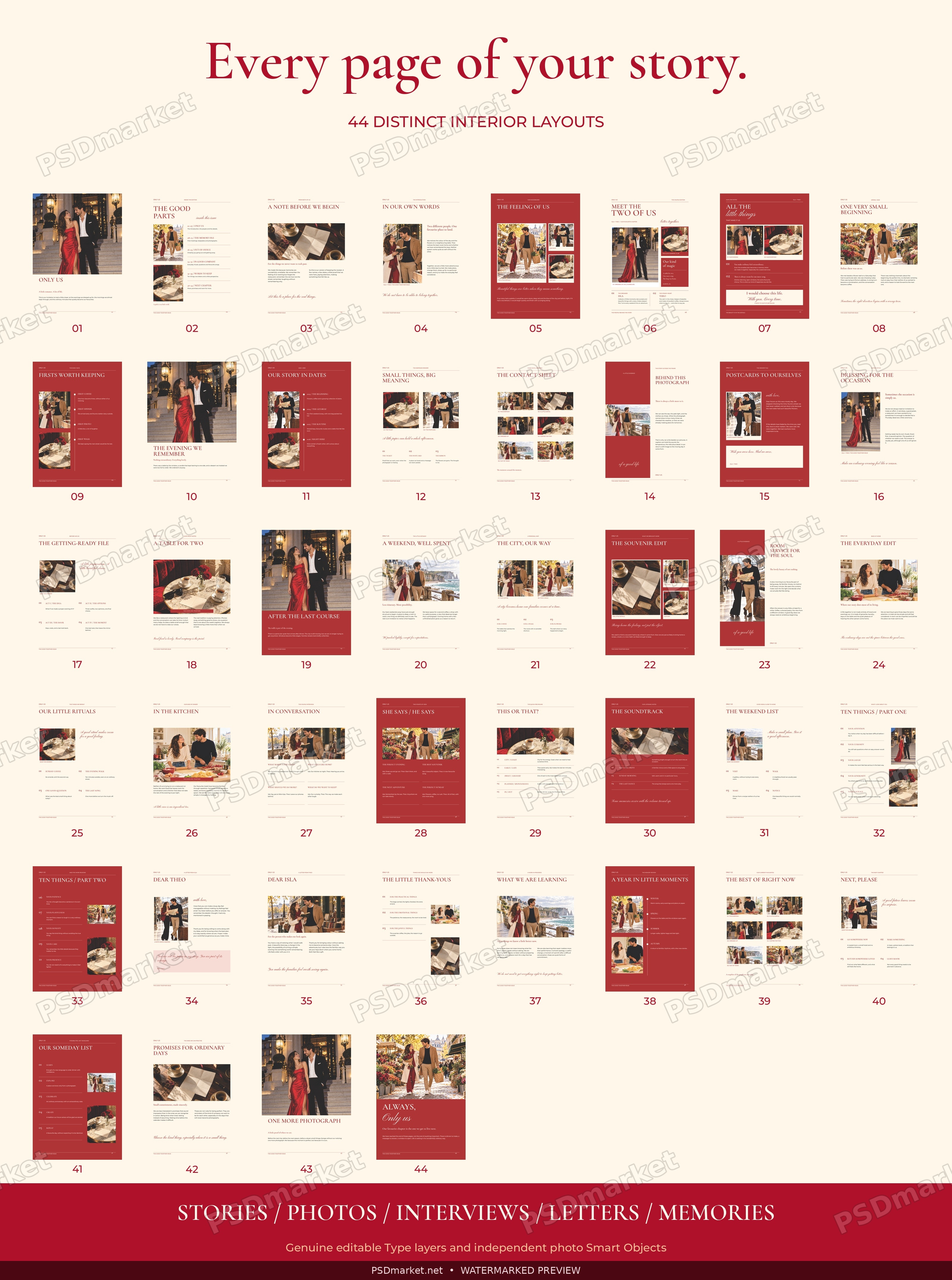 Protected overview showing all 44 distinct interior page designs in the ONLY US magazine PSD bundle
