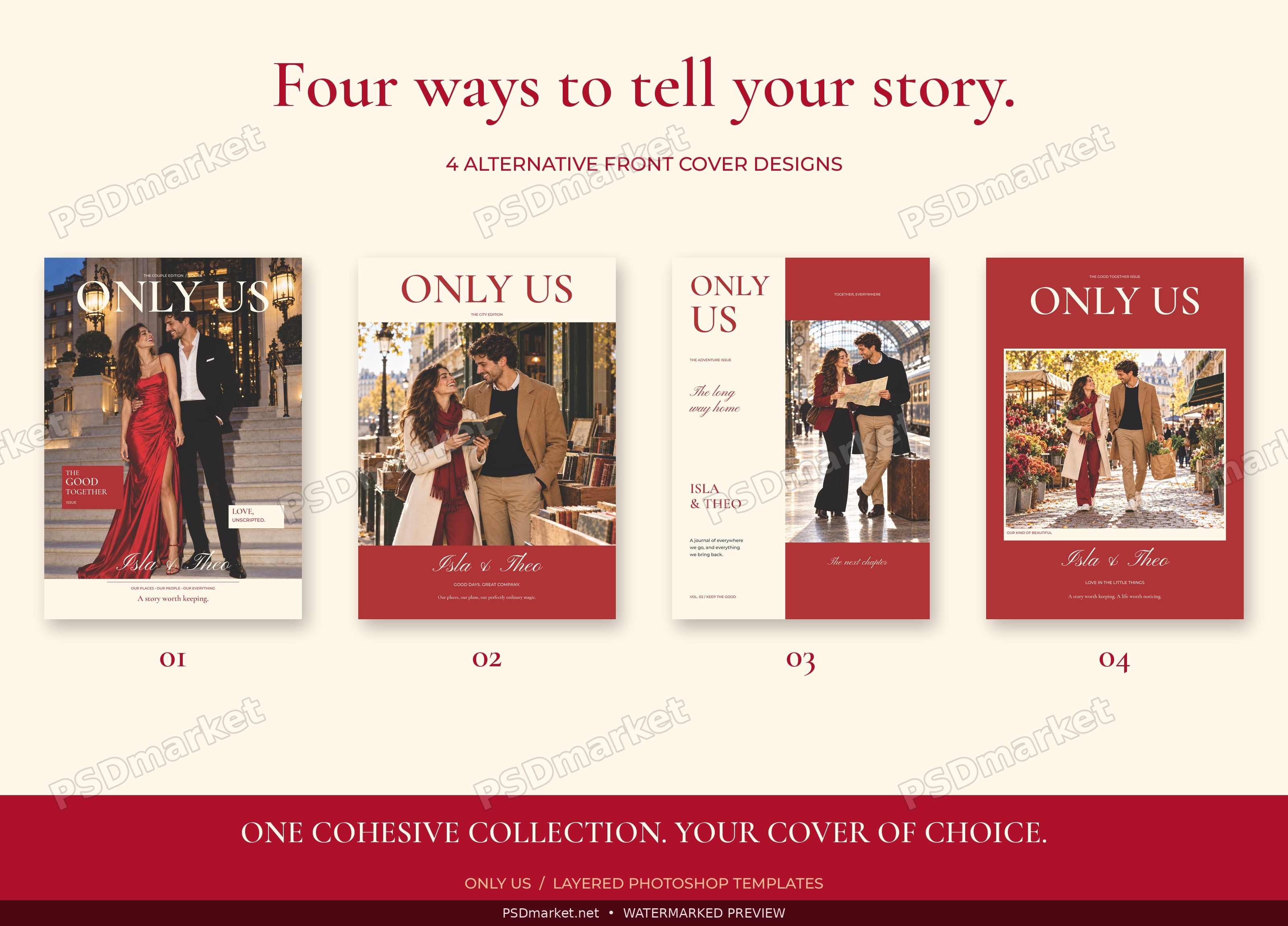 Four protected alternative front cover designs for the ONLY US couple keepsake magazine