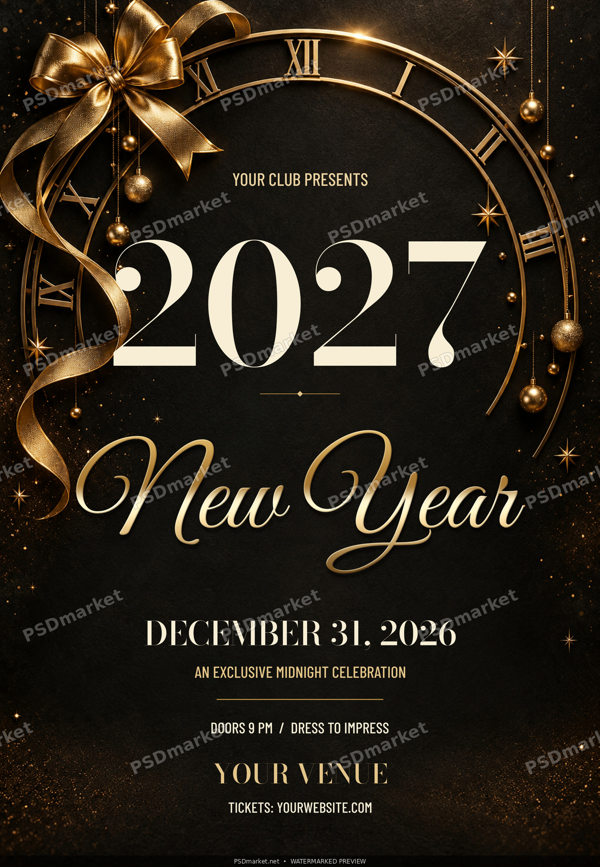 Onyx Midnight 2027 Black and Gold New Year PSD Flyer — PSD template preview