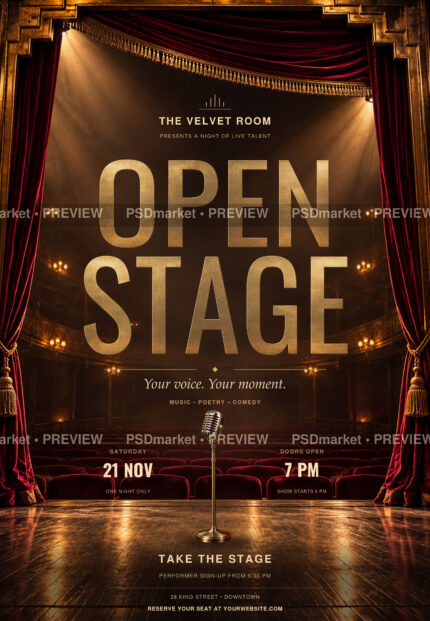 Open Stage open mic flyer with aged brass lettering, red theatre curtains and a vintage microphone; PSDmarket preview watermarks.