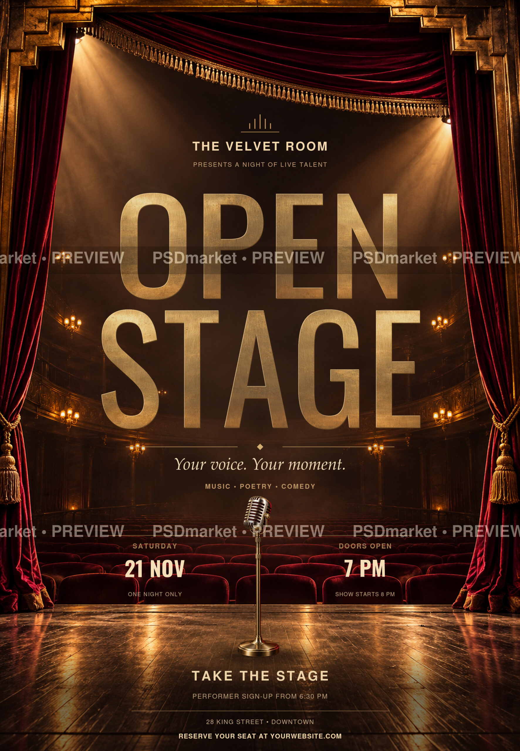 Open Stage Art Deco Open Mic Flyer PSD Template — PSD template preview