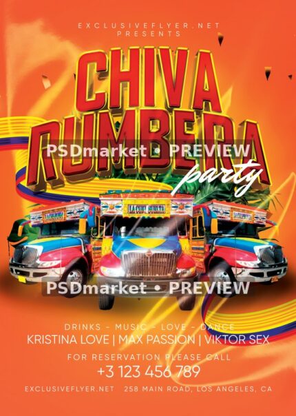 Orange Bus Fleet Chiva Rumbera Party Flyer PSD Template — PSD template preview