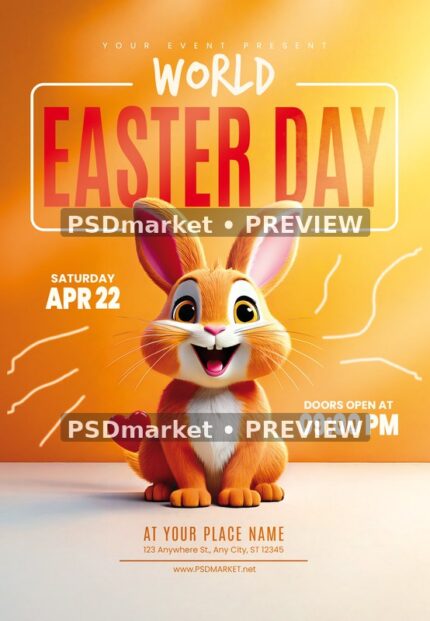 Orange Cartoon Bunny World Easter Flyer PSD Template — PSD template preview