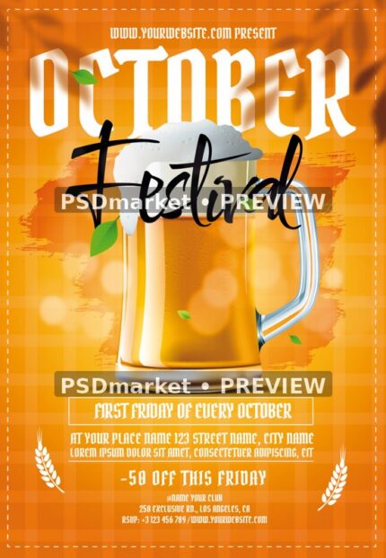 Orange Checkered Beer Mug October Festival Flyer PSD Template — PSD template preview