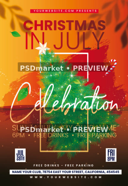 Orange Christmas in July Celebration Flyer PSD Template — PSD template preview