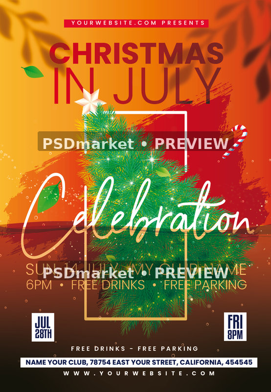 Orange Christmas in July Celebration Flyer PSD Template — PSD template preview