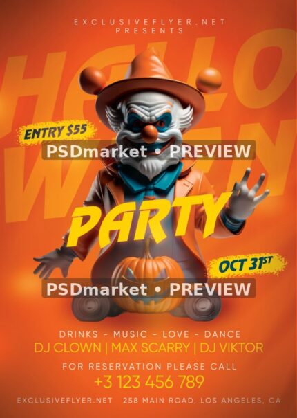 Orange Clown Pumpkin Halloween Party Flyer PSD Template — reduced watermarked source artwork preview