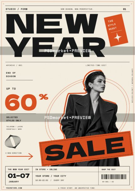 Orange and cream editorial New Year Sale flyer with large black typography, a monochrome fashion portrait and two horizontal PSDmarket preview bands