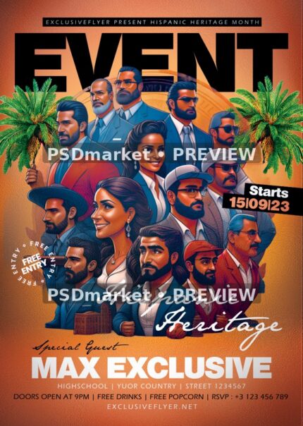 Orange Ensemble Hispanic Heritage Event Flyer PSD Template — reduced watermarked source artwork preview