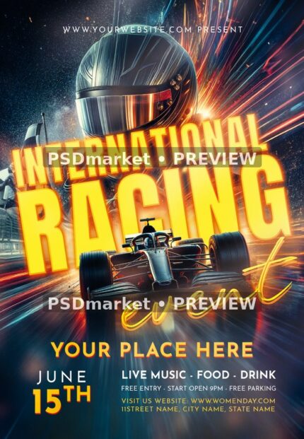 Orange Glow International Racing Event Flyer PSD Template — PSD template preview
