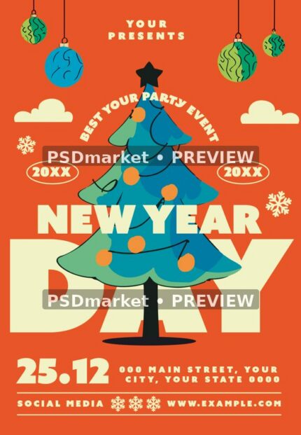 Orange Graphic Tree New Year Day Flyer PSD Template — reduced watermarked source artwork preview