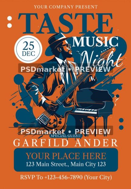 Orange and navy Taste Music Night flyer with illustrated suited guitarist, piano and white script