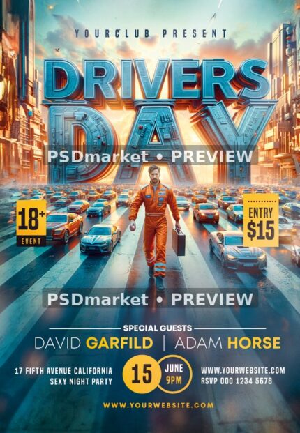 Orange Jumpsuit Drivers Day Flyer — reduced watermarked source artwork preview
