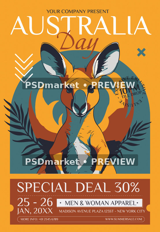 Orange Kangaroo Australia Day Flyer PSD Template showing a large illustrated kangaroo is centered on an orange background within a dark teal arch and stylized sun shape with two PSDmarket preview watermarks
