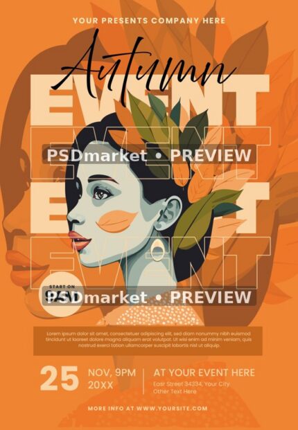 Orange Leaf Crown Woman Autumn Event Flyer PSD Template — PSD template preview