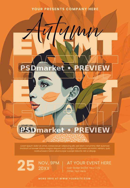 Orange Leaf Crown Woman Autumn Event Flyer PSD Template — PSD template preview