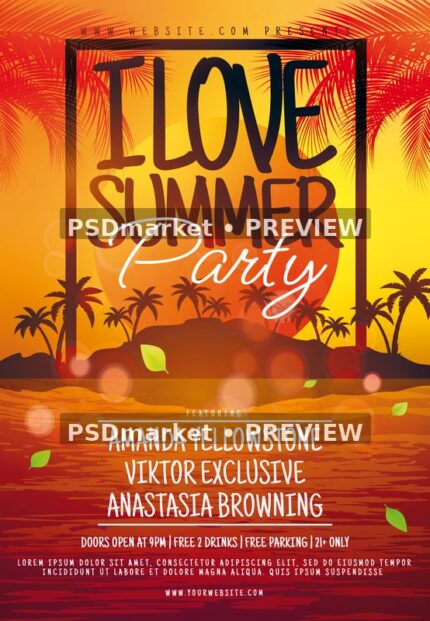 Orange tropical summer flyer with palm silhouettes, reflective water, framed black headline and white party script
