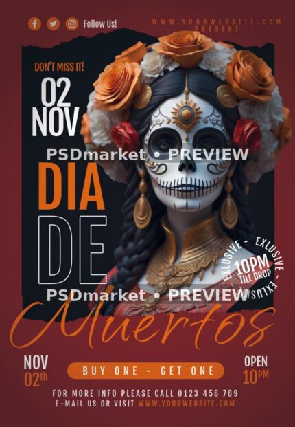 Orange Rose Catrina Dia de Muertos Flyer PSD Template — PSD template preview
