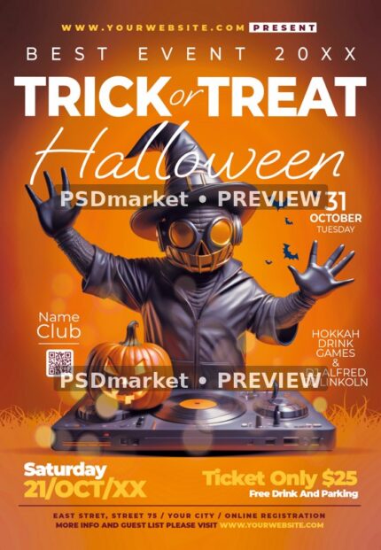 Orange Scarecrow DJ Trick or Treat Halloween Flyer PSD Template — reduced watermarked source artwork preview