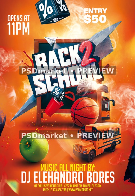 Orange School Bus and Basketball Party Flyer PSD Template — PSD template preview