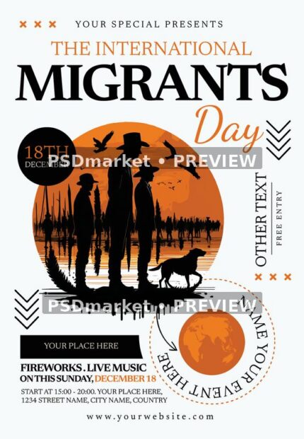 Orange and black International Migrants Day flyer with silhouetted figures and two horizontal PSDmarket preview watermarks