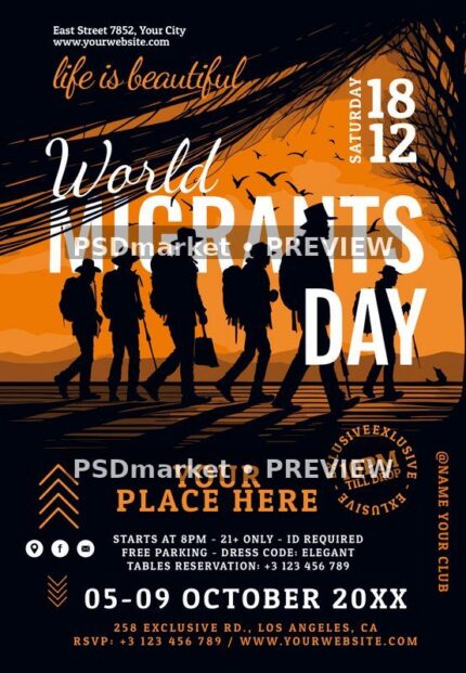 Orange Silhouettes World Migrants Day Flyer PSD Template — PSD template preview