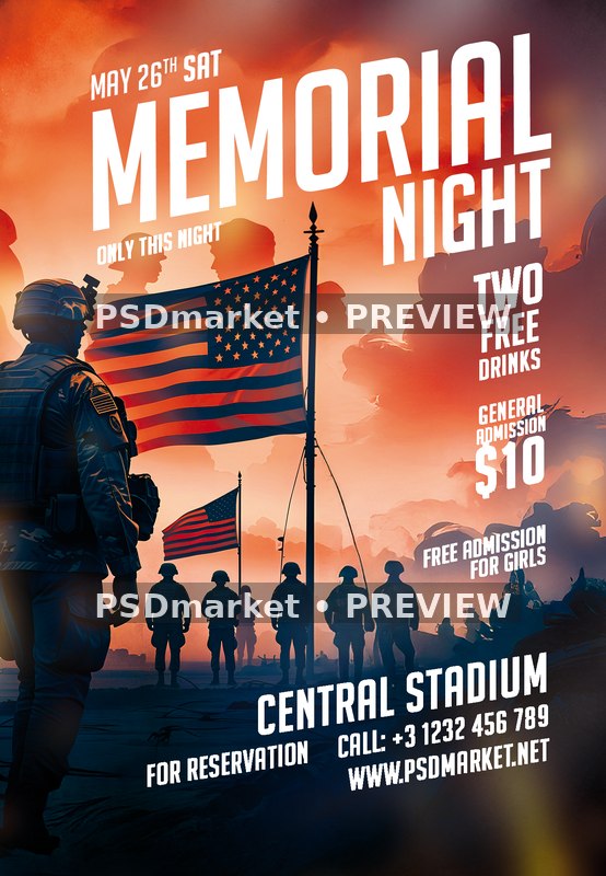Orange Skyline Memorial Night Flyer PSD Template — PSD template preview