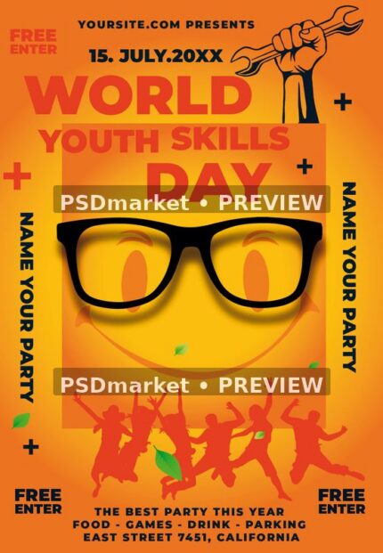 Orange Smiley World Youth Skills Day Flyer PSD Template — PSD template preview