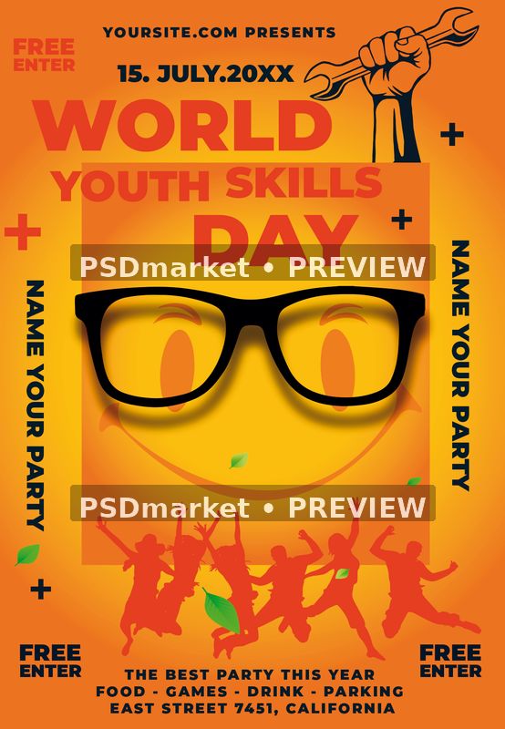 Orange Smiley World Youth Skills Day Flyer PSD Template — PSD template preview