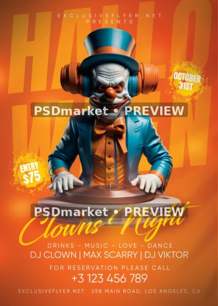 Orange Top Hat Clown Halloween DJ Flyer PSD Template — reduced watermarked source artwork preview