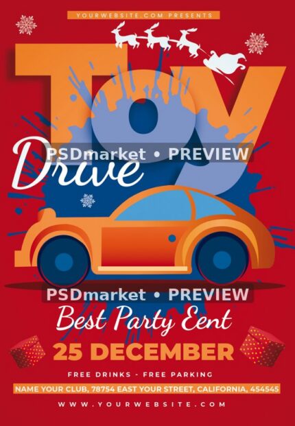 Orange Toy Car Christmas Toy Drive Flyer PSD Template — reduced watermarked source artwork preview