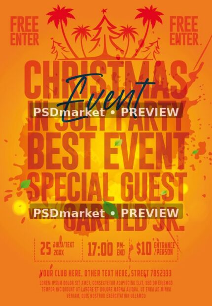 Orange Christmas in July flyer with red tropical tree motifs and stacked event typography, shown with two horizontal preview watermarks