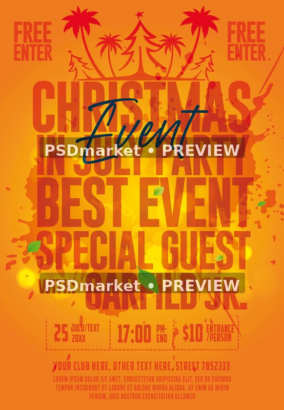 Orange Tropical Christmas in July Flyer PSD Template — PSD template preview