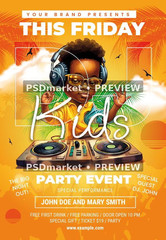 Orange Tropical Kid DJ Party Flyer PSD Template — PSD template preview