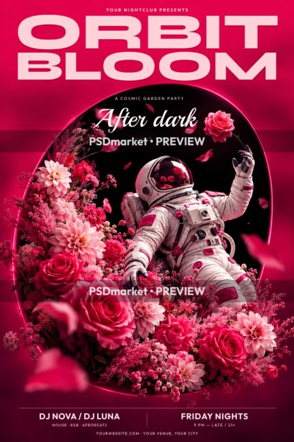Pink cosmic garden party flyer with an astronaut, roses, glowing oval and two horizontal PSDmarket preview watermark bands